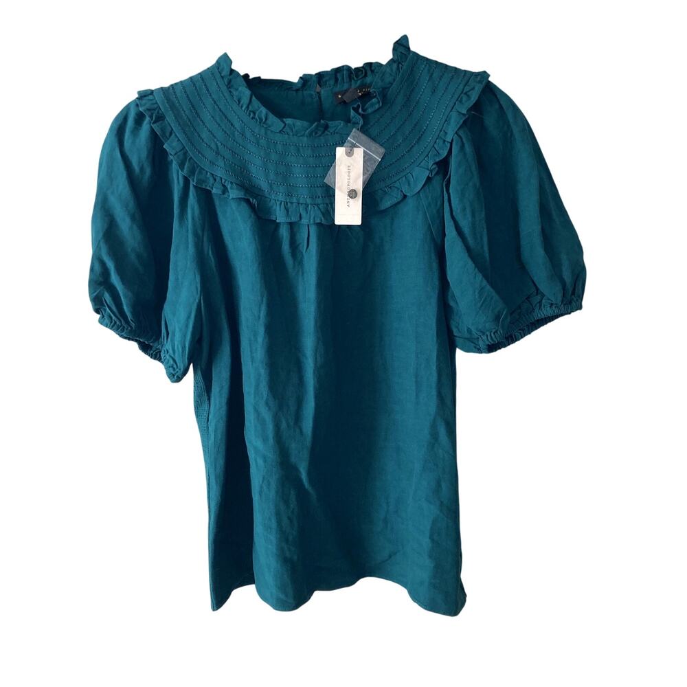 Current Air NEW Embroidered Ruffle Yoke Puff Sleeve Top - Green - Small